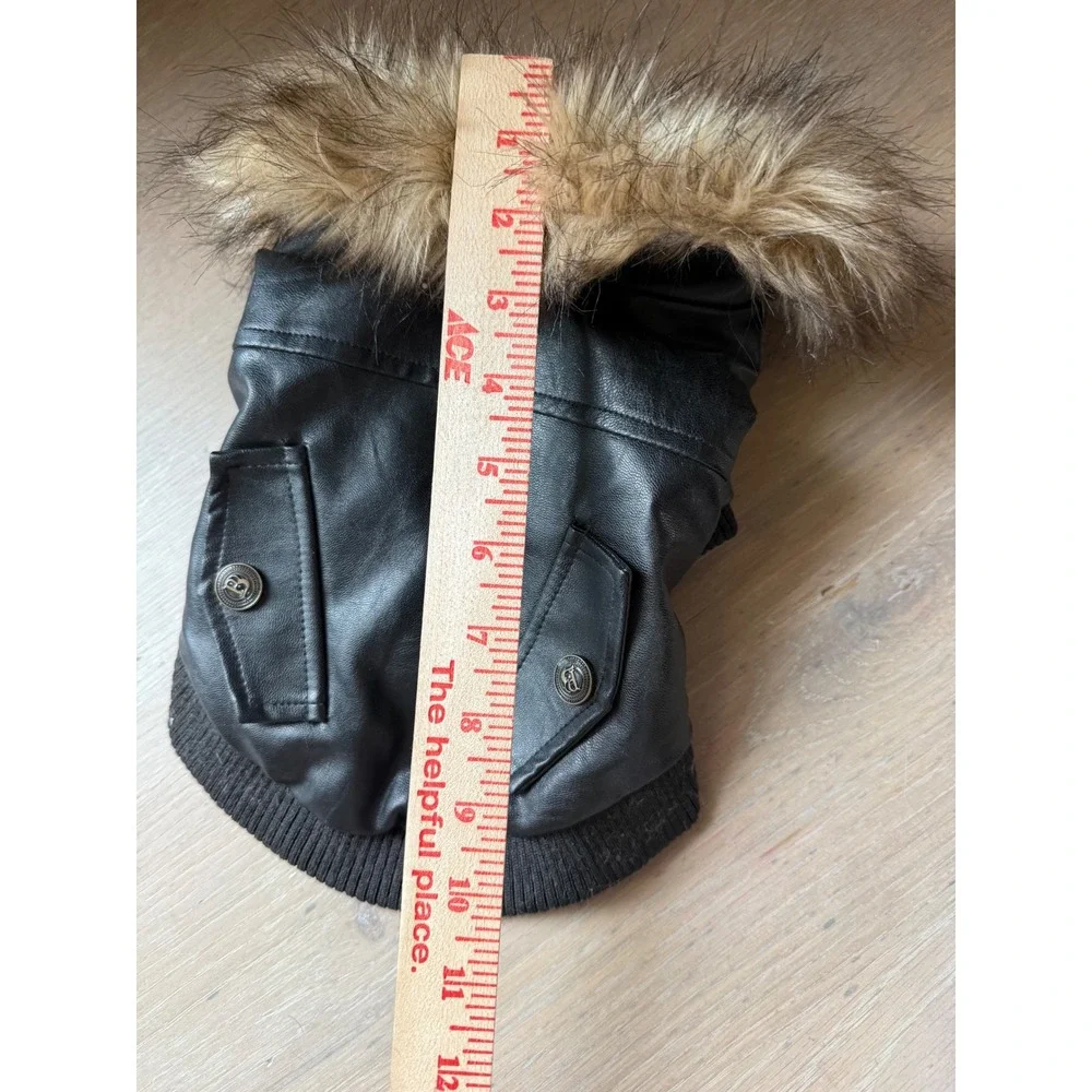Black Faux Leather Dog Bomber Jacket Faux Fur Hooded Aviator Coat Medium